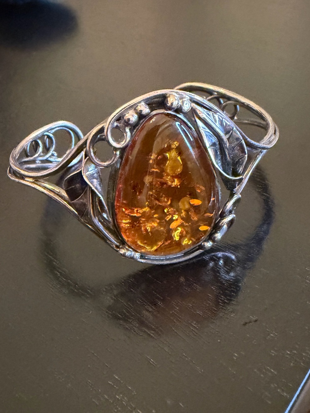 Vintage 925 Sterling Silver Baltic Amber Cuff Bracelet Art Nouveau Leaf - Picture 6 of 6